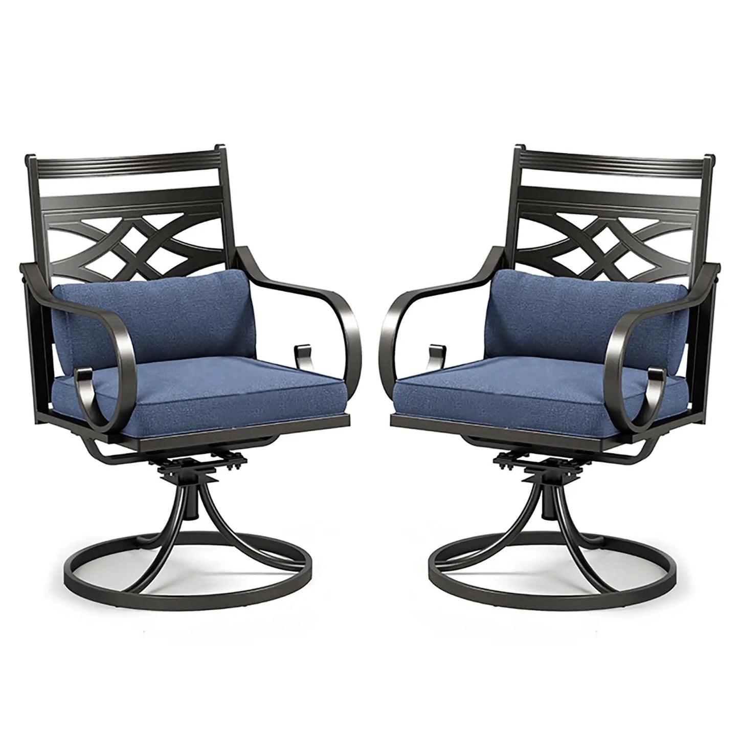 Set Of 2 Outdoor Iron Dining Chairs With Blue Cushions