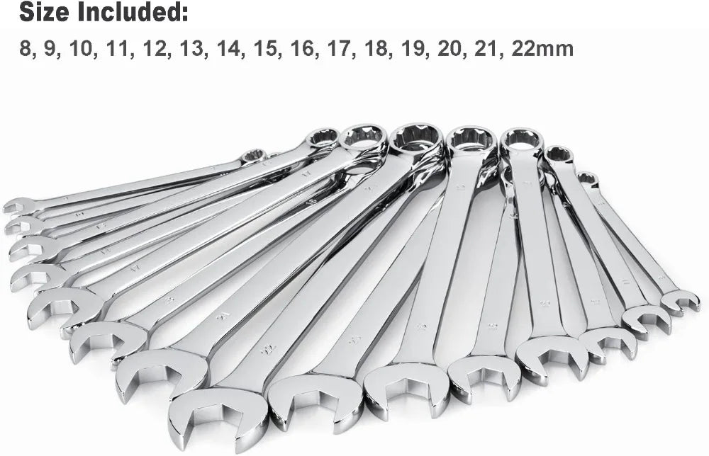 Max Torque 15-Piece Premium Combination Wrench Set, Chrome Vanadium Steel, Long Pattern, Metric 8-22mm with Rack