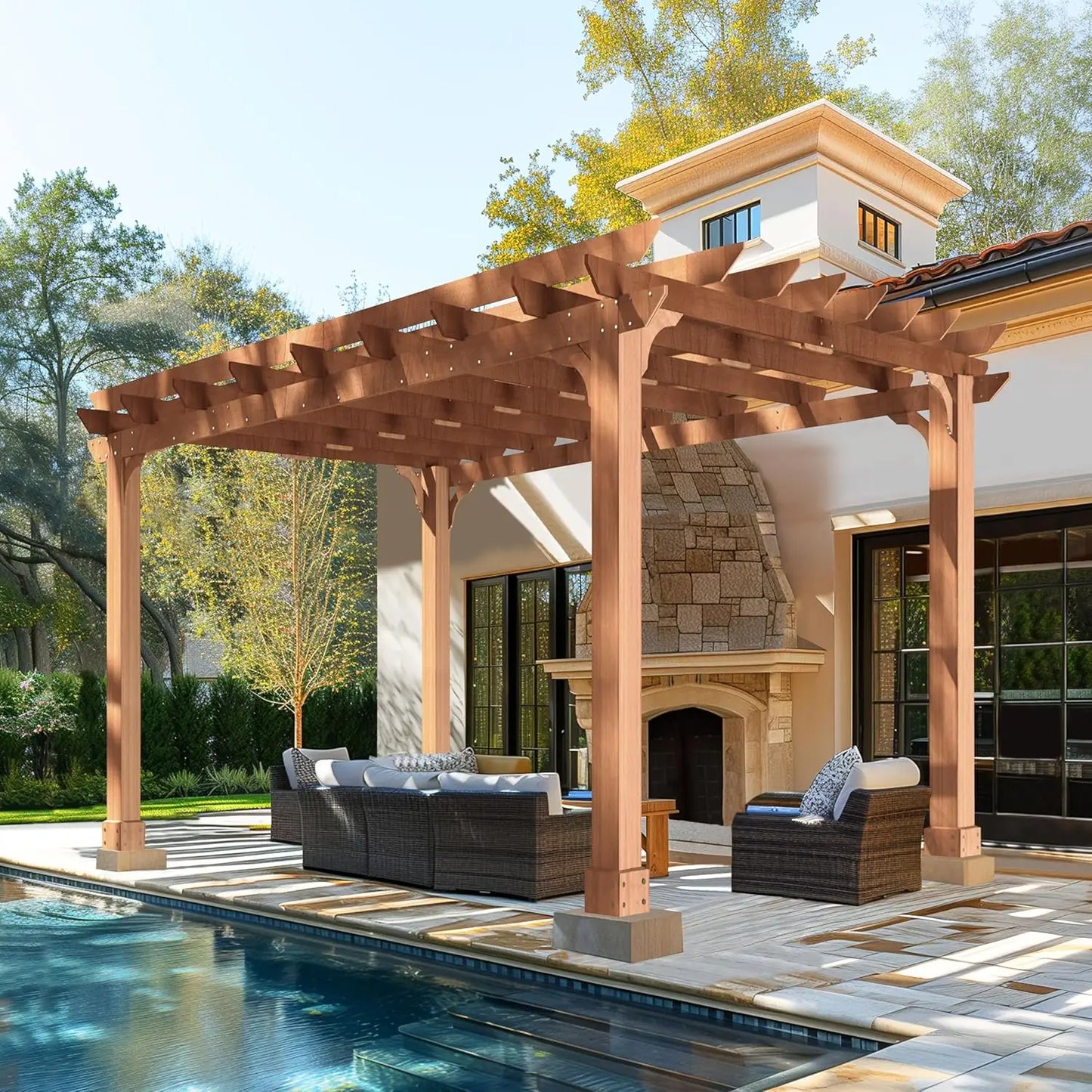 Cedar Wood Pergola Gazebo With Flat Top Ground Stakes Backyard