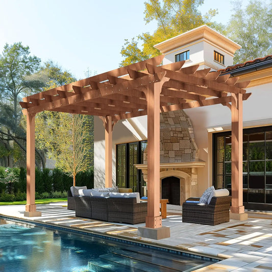 Cedar Wood Pergola Gazebo With Flat Top Ground Stakes Backyard
