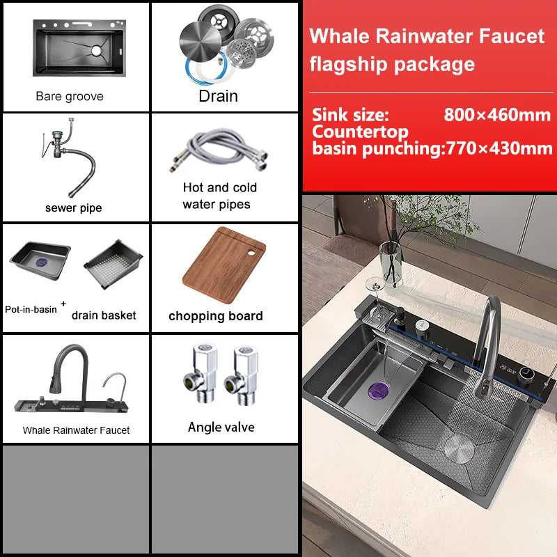 Telisiya Waterfall Kitchen Sink Stainless Steel Single Slot Digital Display