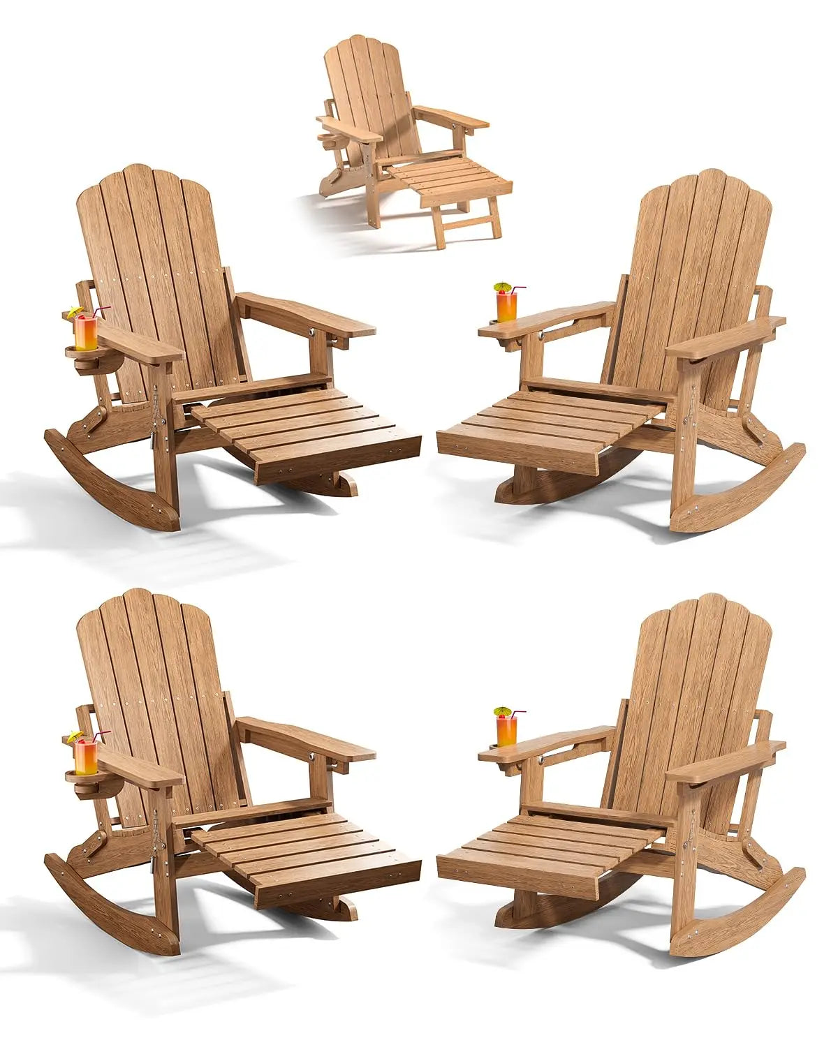 Folding Adirondack Rocking Chair with Retractable Ottoman & Cup Holder Patio Porch Lawn Outdoor Brown Set of 4, Custom