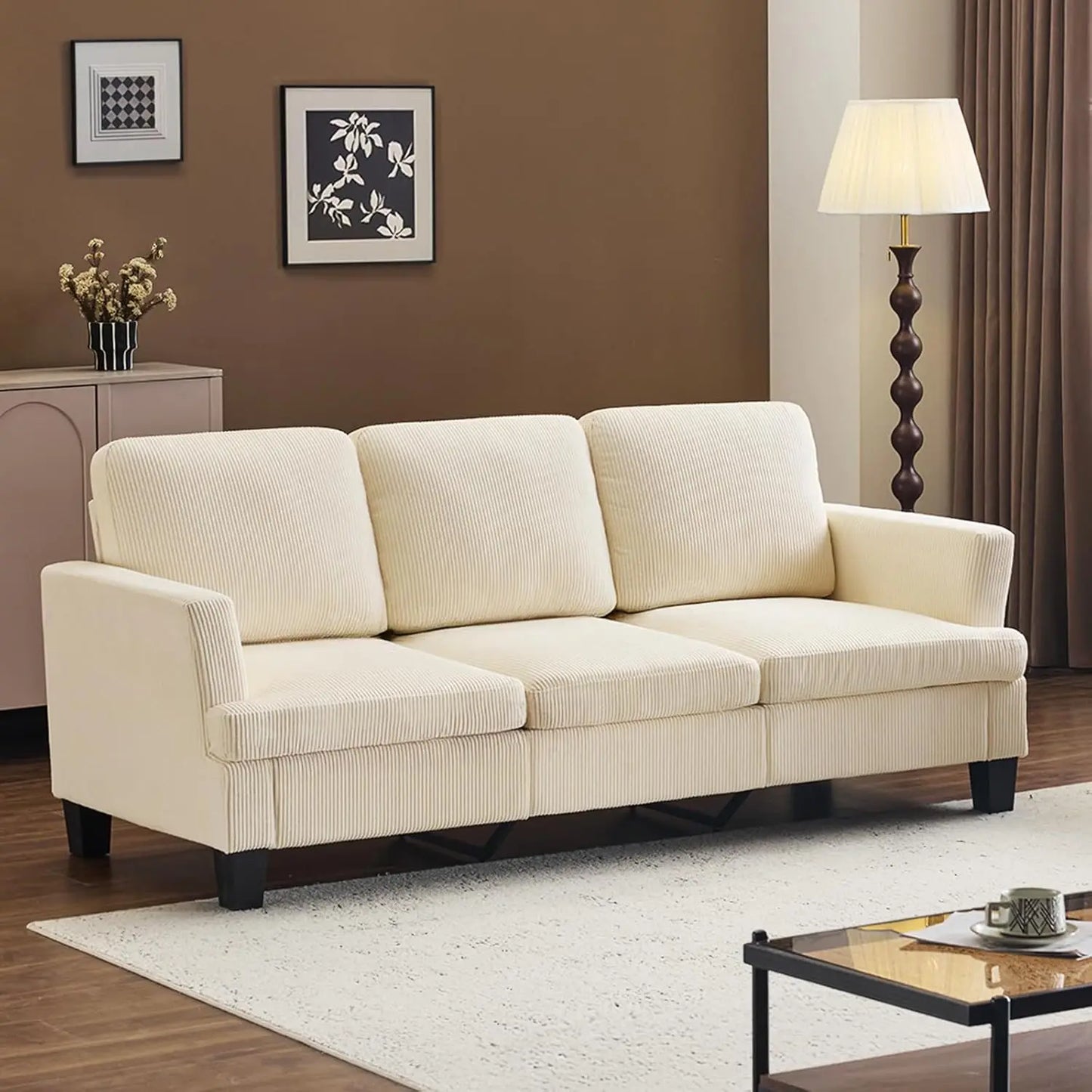 Beige 83" Sofa Couches for Living Room, Corduroy Modern Comfy 3 Seater Couch 25.6" Deep Seat Upholstery Cozy Sofas, Customized