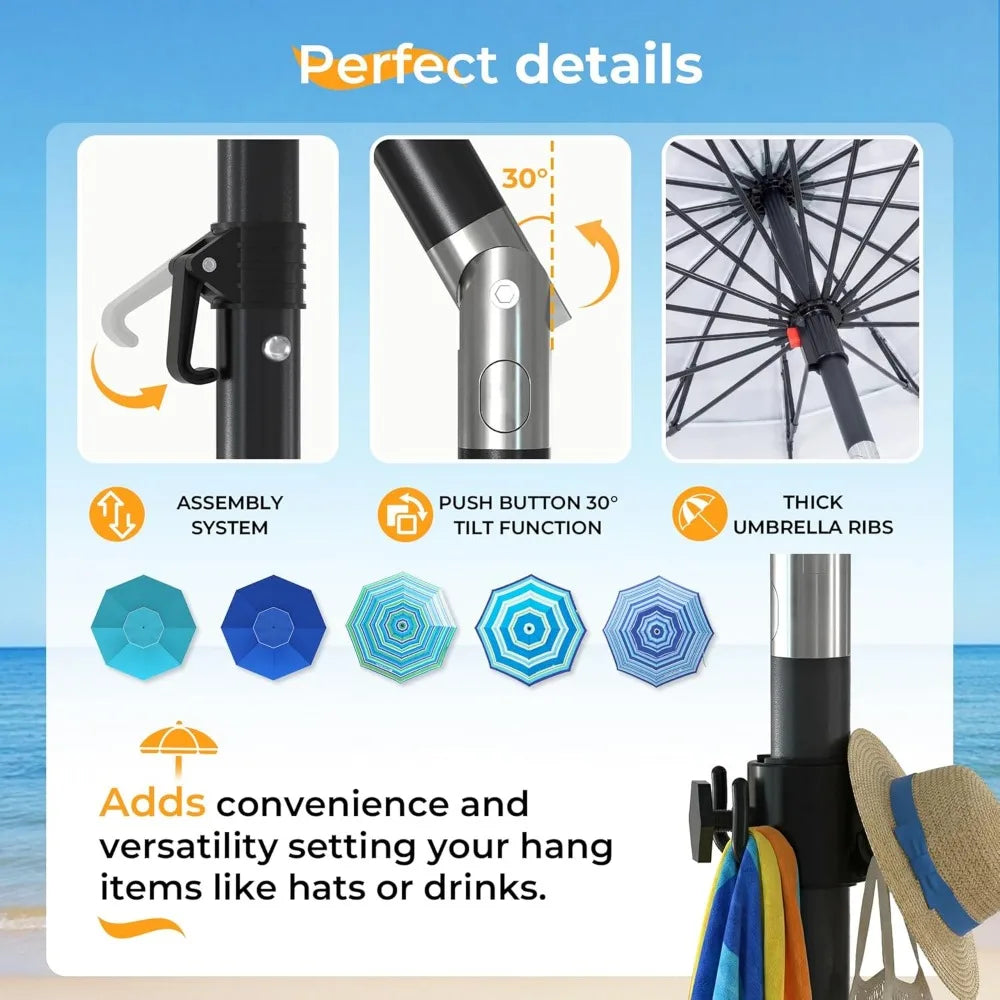 NBVCX Beach Umbrella With Sand Anchor Weight Bag Adjustable Aluminum Pole UPF 50