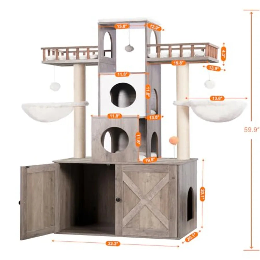 Cat Tree with Litter Box Enclosure for Indoor Big Cat Cat Tower for Large Cats 20lbs Heavy Duty Modern Cat Condo Furniture with