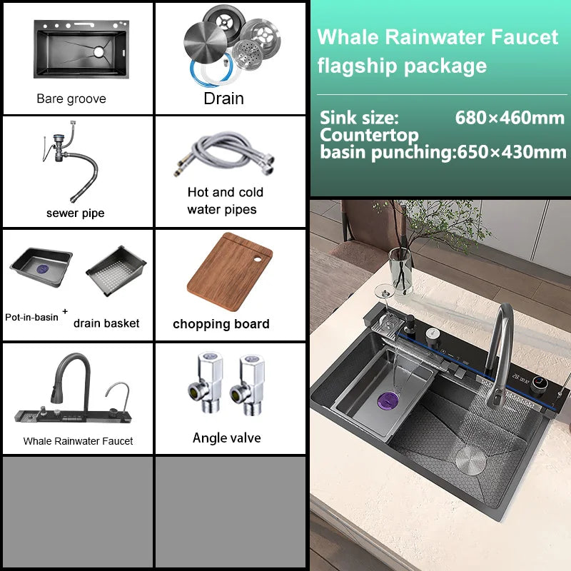 Telisiya Waterfall Kitchen Sink Stainless Steel Single Slot Digital Display