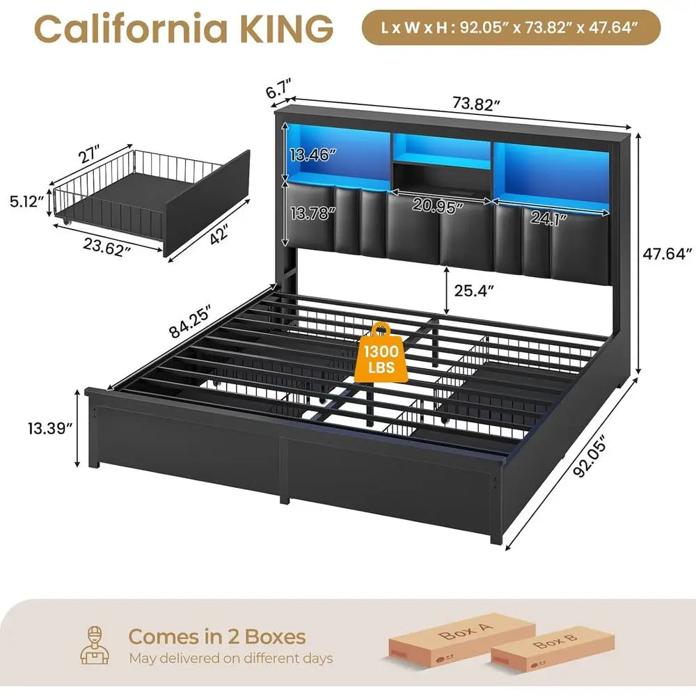 Upholstered Bed With Storage Drawers LED Lighting And Charging Station