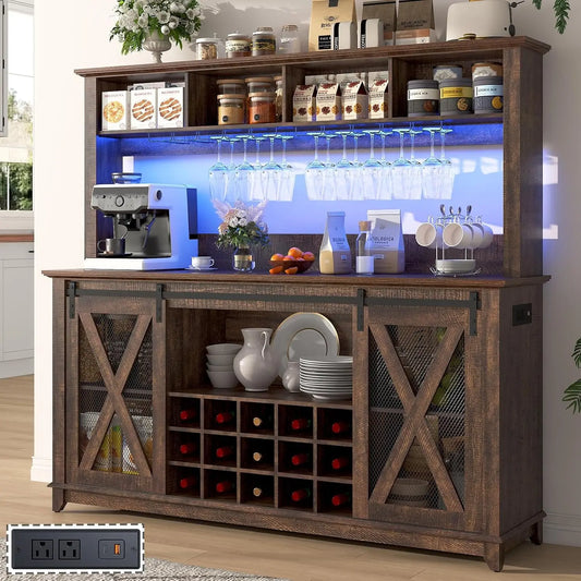Farmhouse Coffee Bar Cabinet With Led Lights And Power Outlet