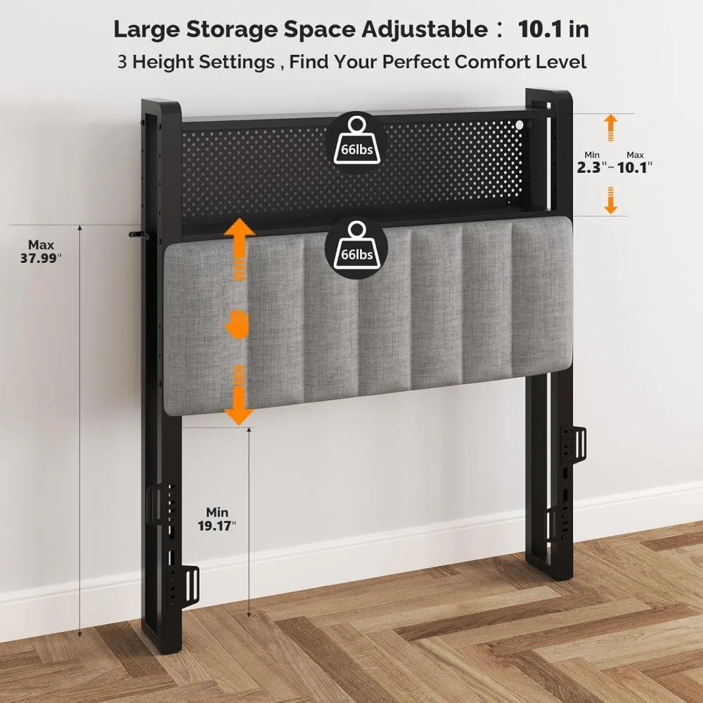 Adjustable Upholstered Headboard With Shelves Pegboard And LED