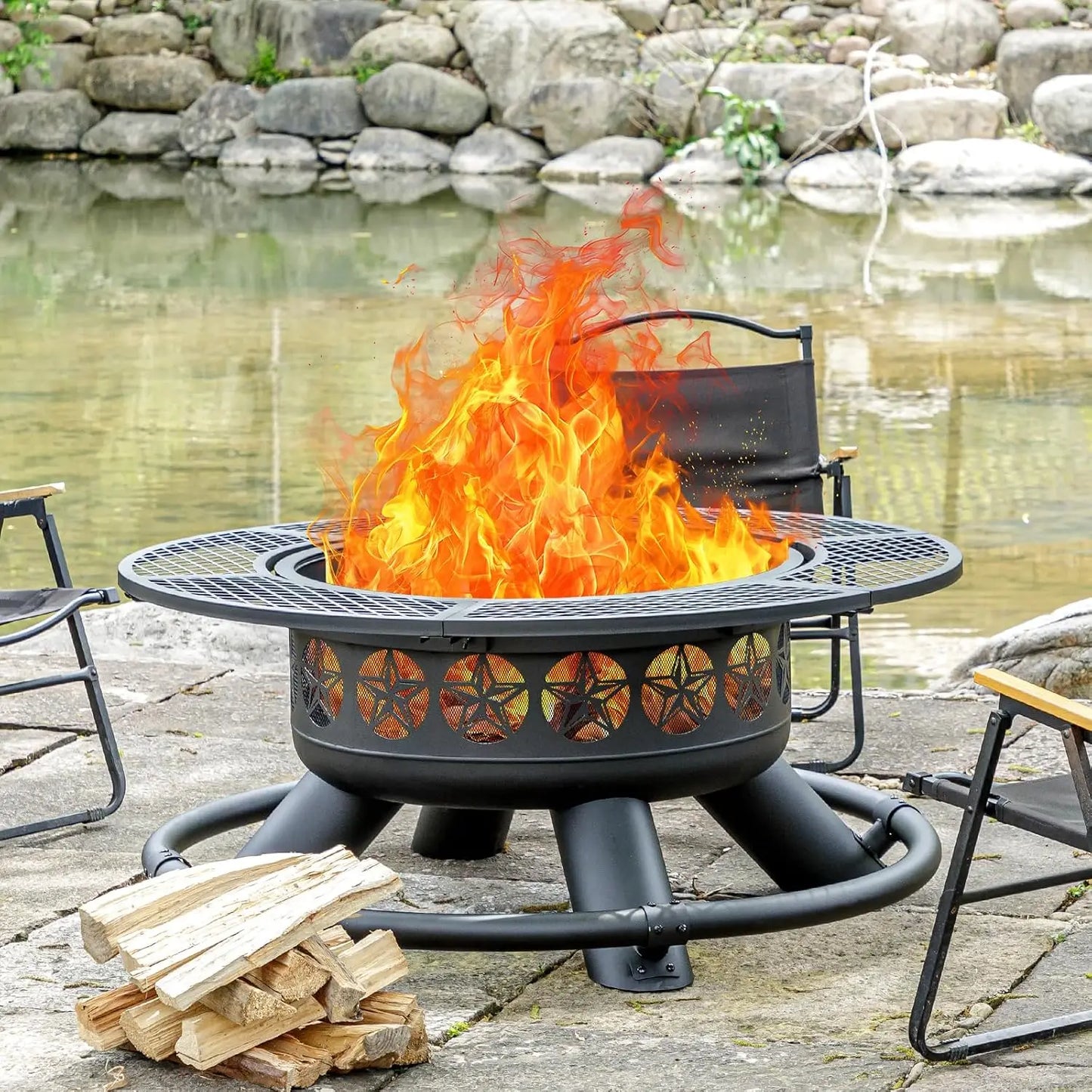 Outdoor Fire Pit With Grills Lid Large Round Metal