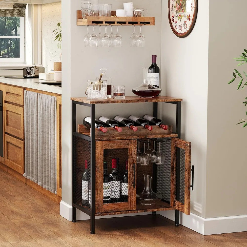 Rustic Wine Bar Cabinet With Detachable Rack And Glass Holder