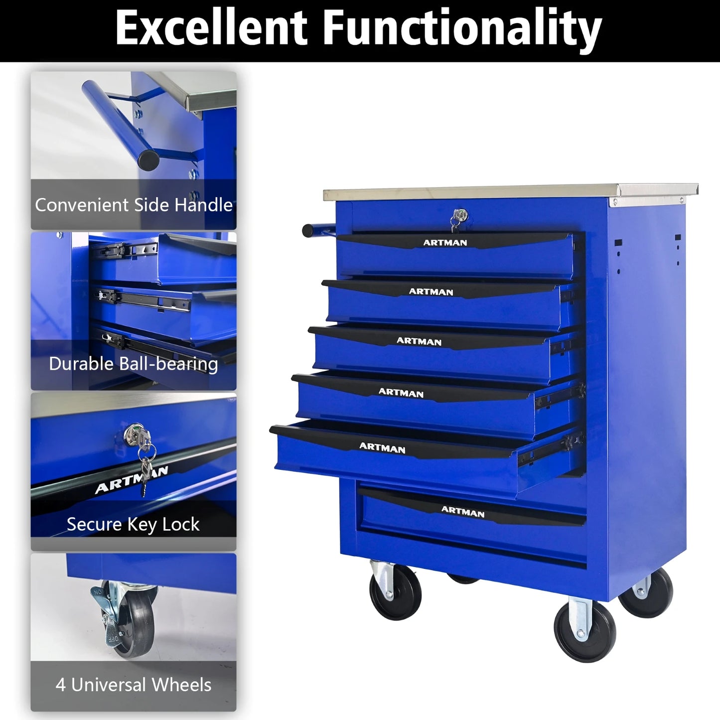 ARTMAN 7 Drawer Wheeled Toolbox Trolley Cabinet With Lock