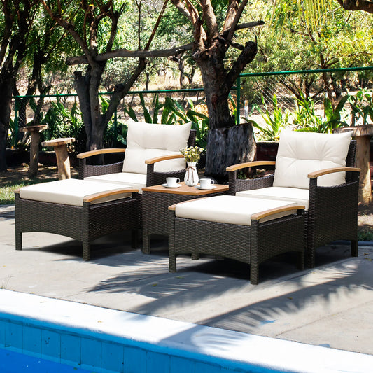 HOMASIS 5-Piece Patio Rattan Sofa Set With Wood-Top Table Cushions