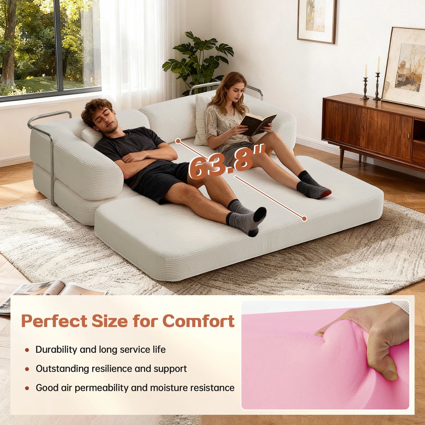 Convertible Futon Sofa Bed With L Shaped Armrests