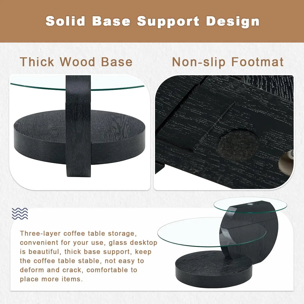 Glass Round Coffee Table Three Tier Tempered Glass Top Wood Base