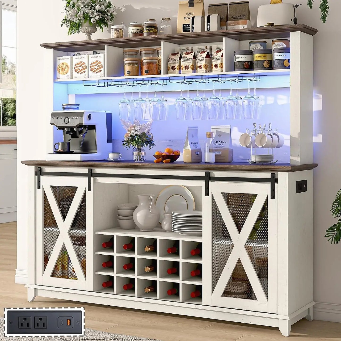 Farmhouse Coffee Bar Cabinet With Led Lights And Power Outlet