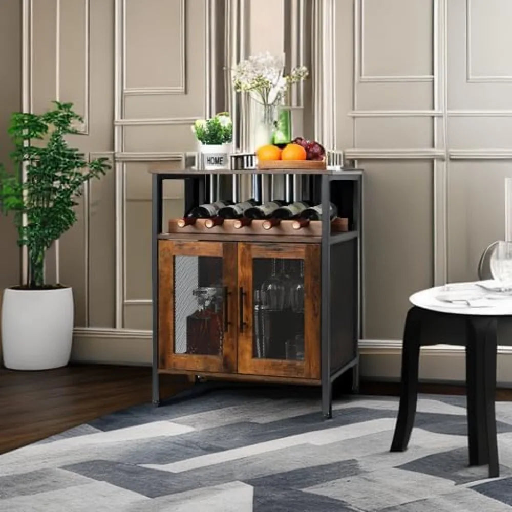 Rustic Wine Bar Cabinet With Detachable Rack And Glass Holder