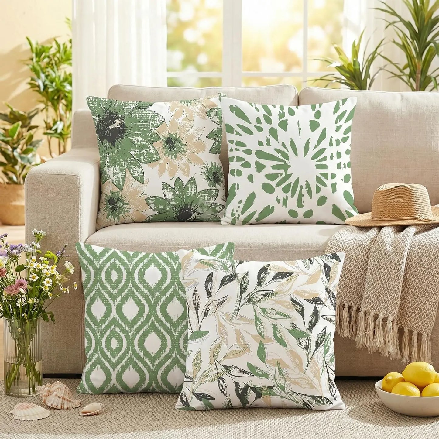 Boho Sage Floral Throw Pillow Covers Decor