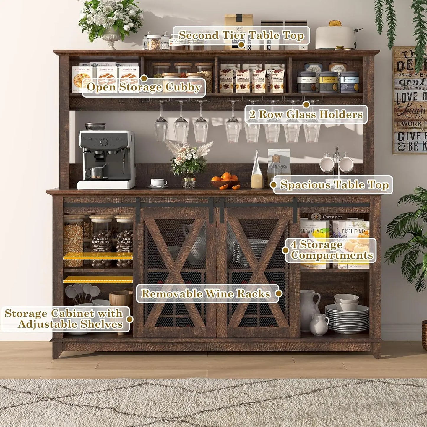Farmhouse Coffee Bar Cabinet With Led Lights And Power Outlet
