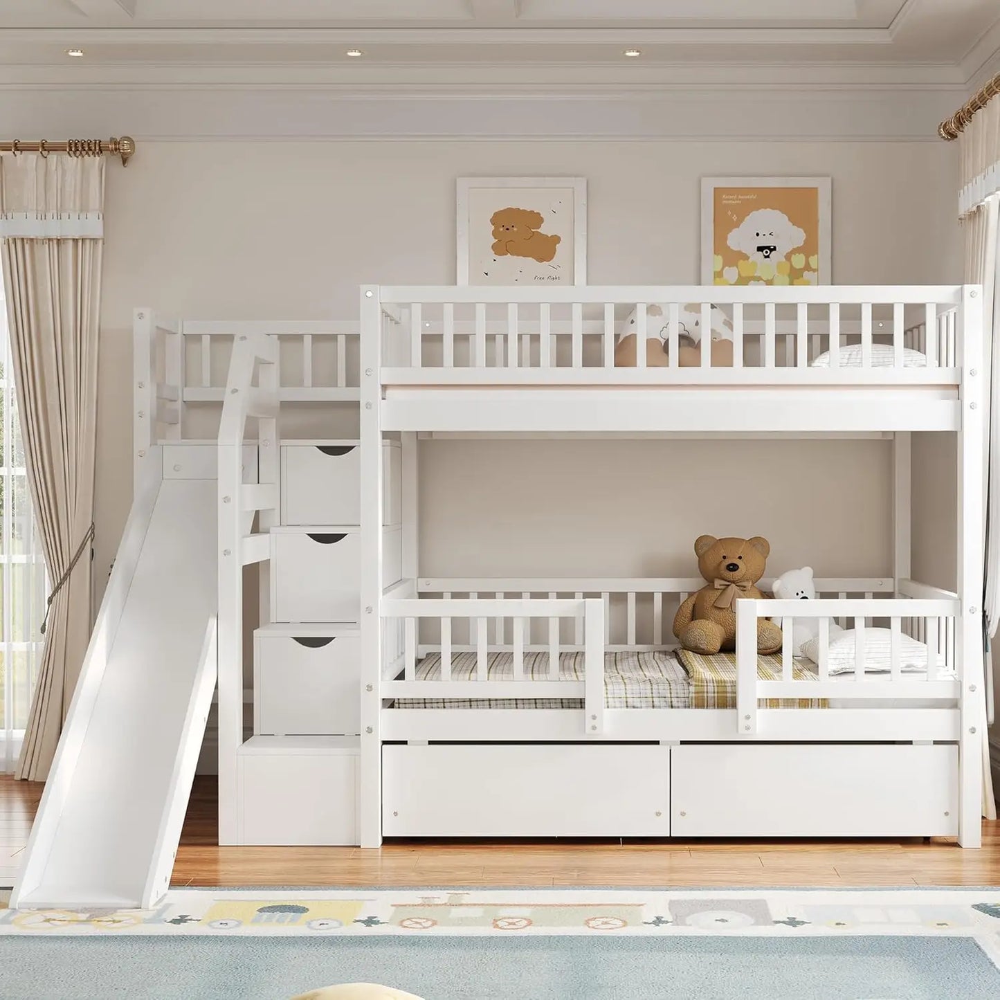 Kids Bunk Bed With Slide, Storage Drawers And Staircase, Pine Wood