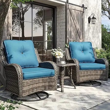 360° Wicker Swivel Rocker Chairs Outdoor Bistro Conversation Chairs Sets of 2 with Side Table 3 Pieces Patio Furniture Set for