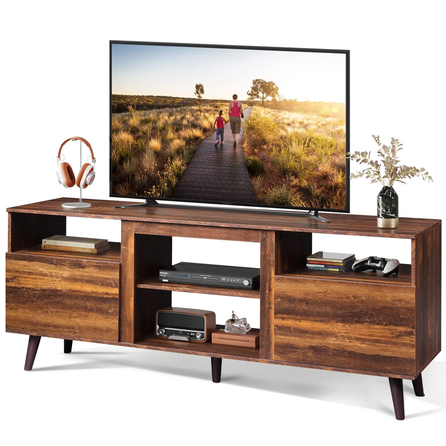 TV Stand With Storage Cabinet And Cable Management