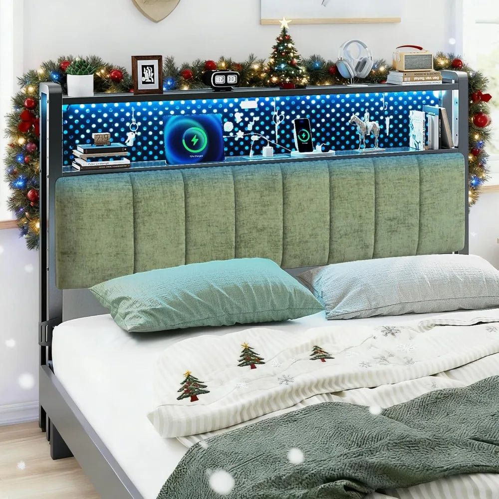 Adjustable Upholstered Headboard With Shelves Pegboard And LED