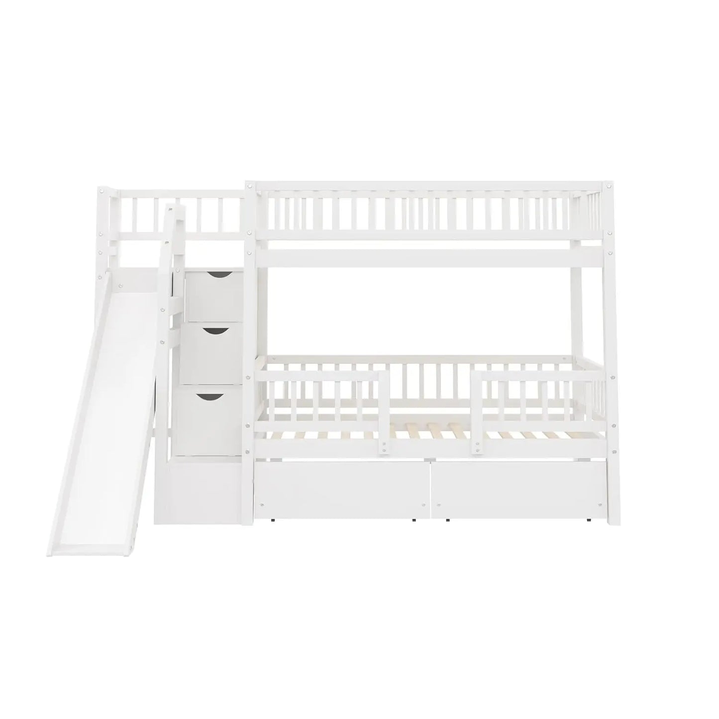 Kids Bunk Bed With Slide, Storage Drawers And Staircase, Pine Wood
