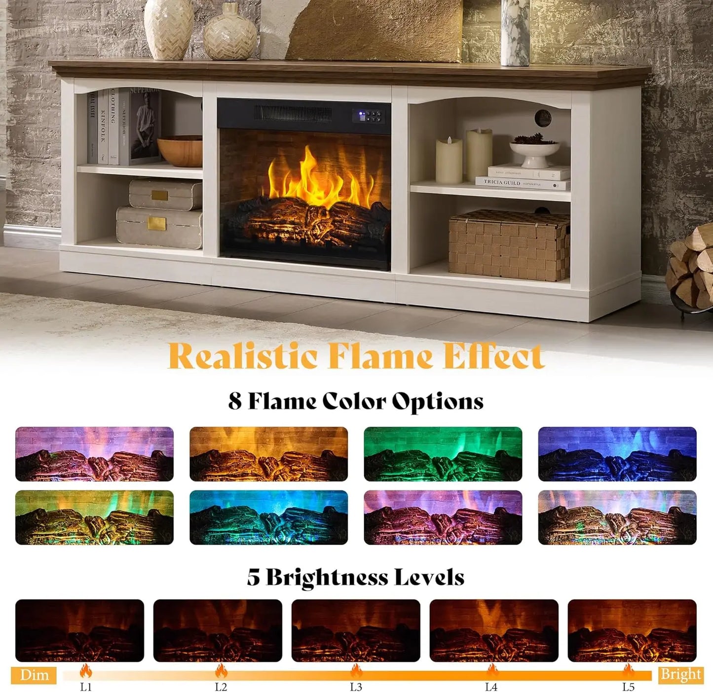 OEING Farmhouse Electric Fireplace TV Stand Entertainment Center