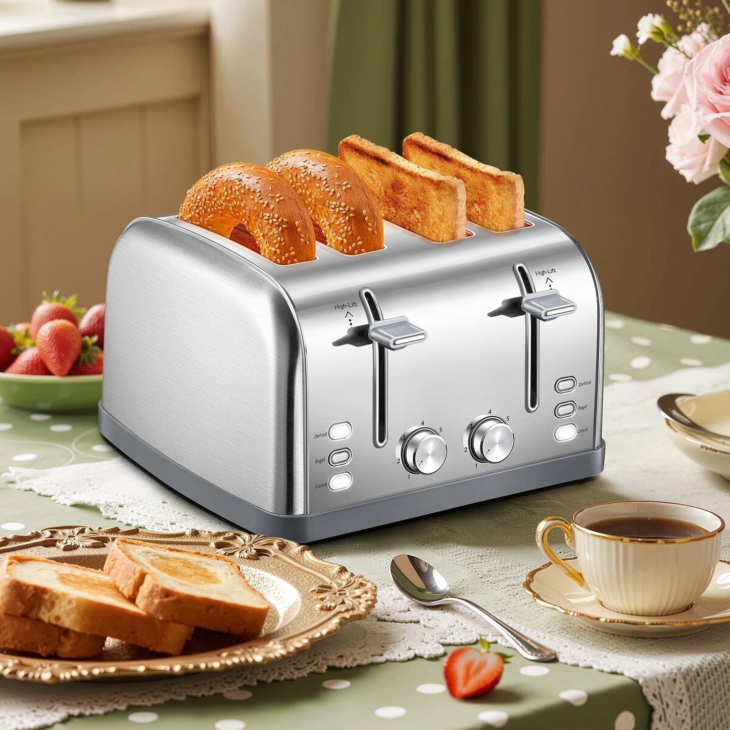 Stainless Steel Toaster With Wide Slots And Removable Crumb Tray