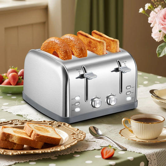 Stainless Steel Toaster With Wide Slots And Removable Crumb Tray