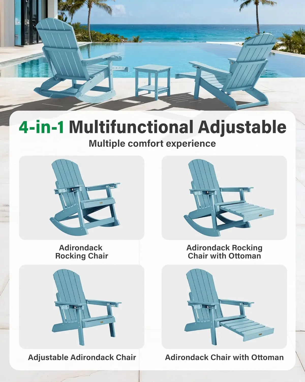 Adirondack Rocking Chairs Set With Retractable Ottoman And 5 Level Adjustment