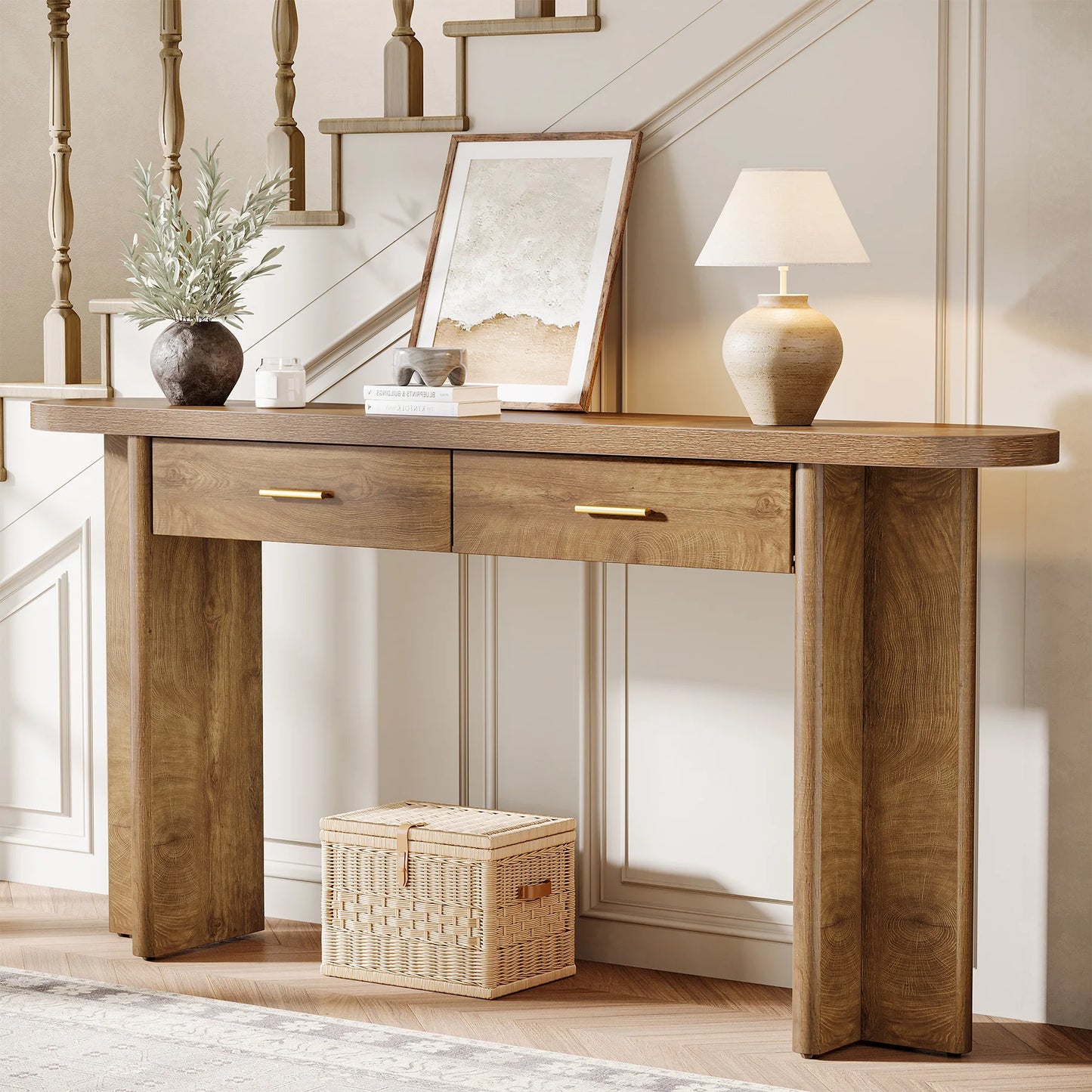 Tribesigns 63 Inch Oval Farmhouse Console Table With Storage
