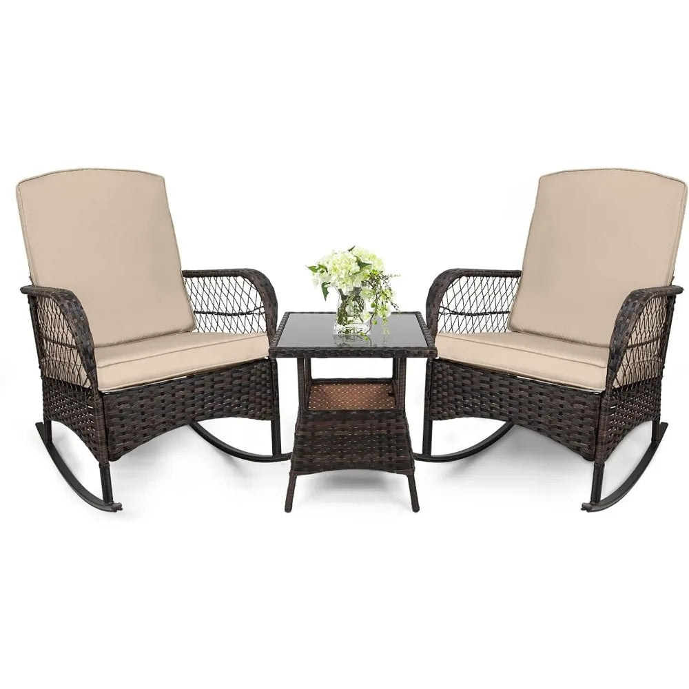 Leveleve 3 Piece Rocking Bistro Set Wicker Chairs Table