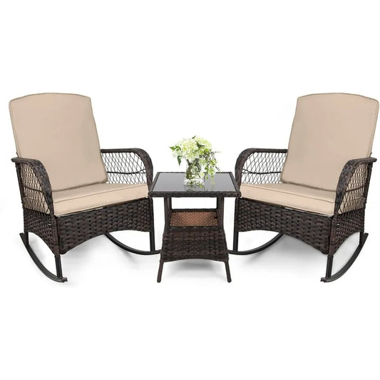 Leveleve 3 Piece Rocking Bistro Set Wicker Chairs Table