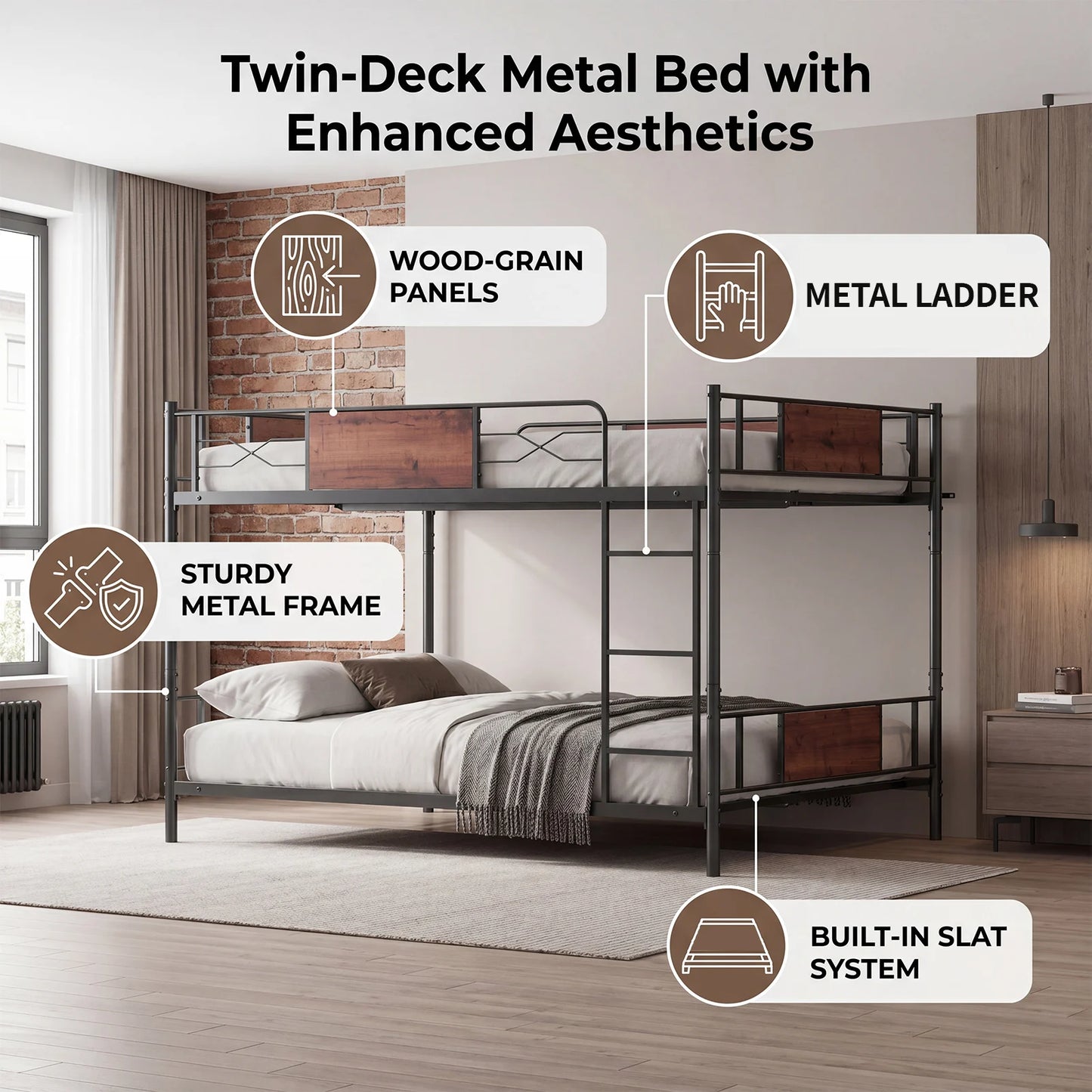 Detachable Metal Bunk Bed Frame With Ladder And Guardrail
