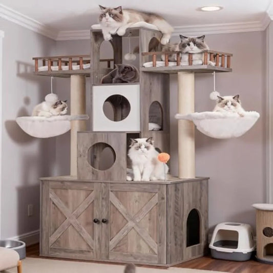Cat Tree with Litter Box Enclosure for Indoor Big Cat Cat Tower for Large Cats 20lbs Heavy Duty Modern Cat Condo Furniture with