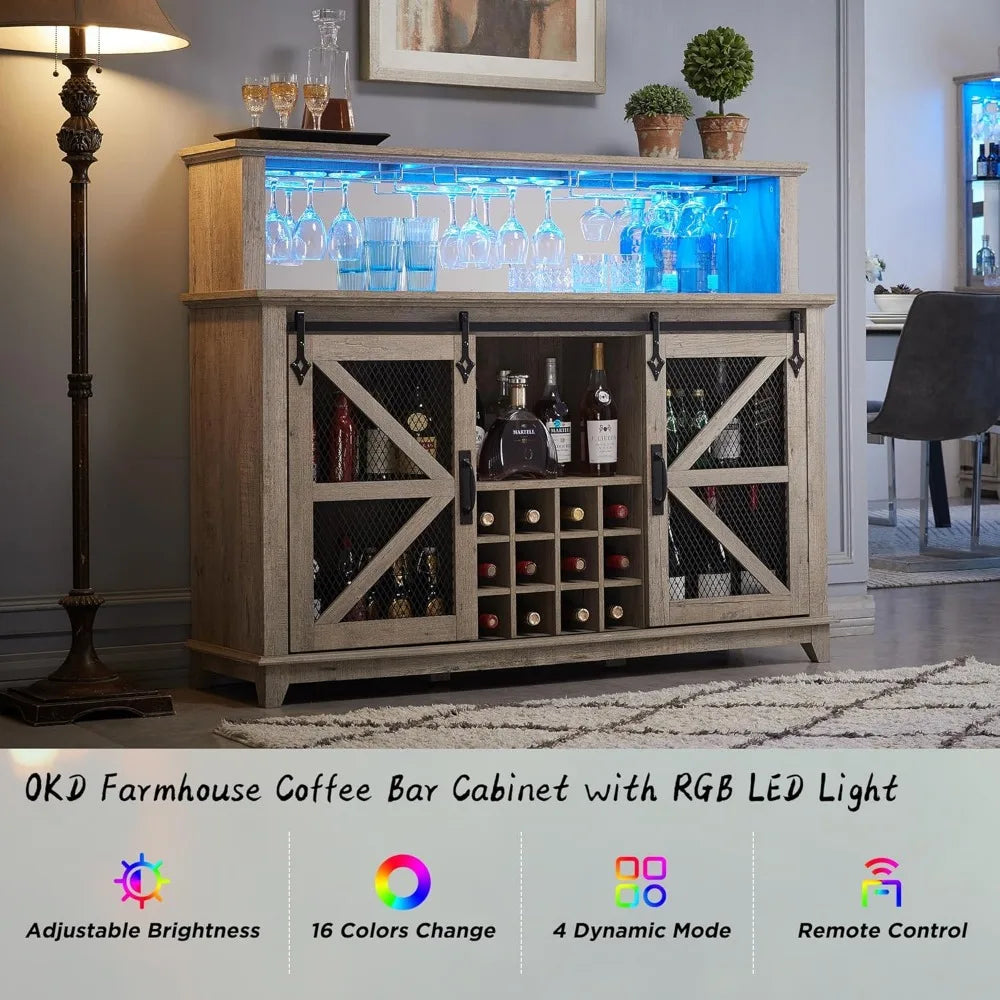 Farmhouse Coffee Bar Cabinet With Hutch And Sliding Barn Doors