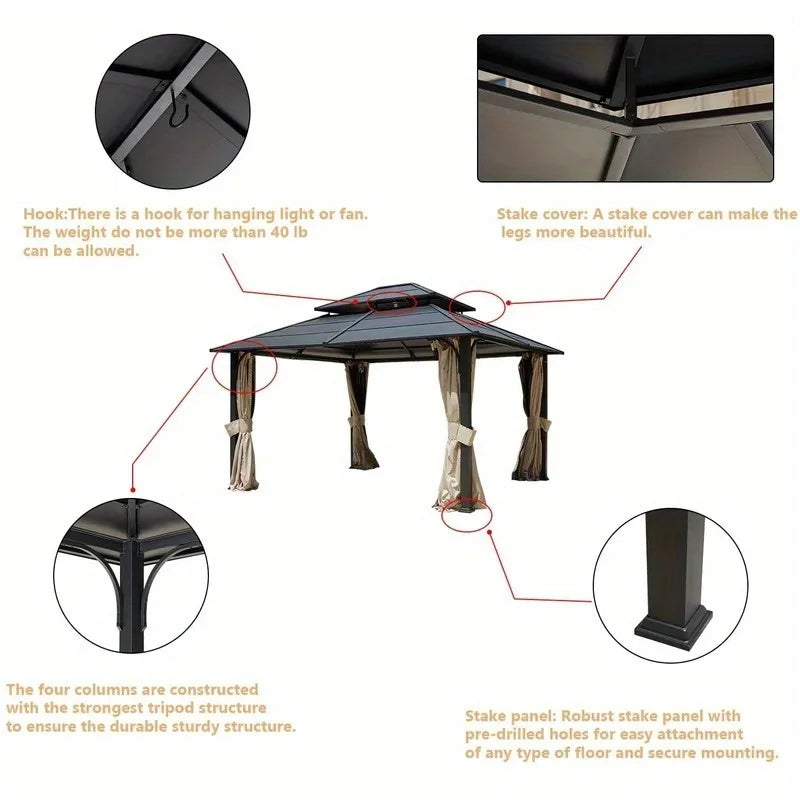 Outdoor Hardtop Gazebo Aluminum Patio Structure With Curtains Netting