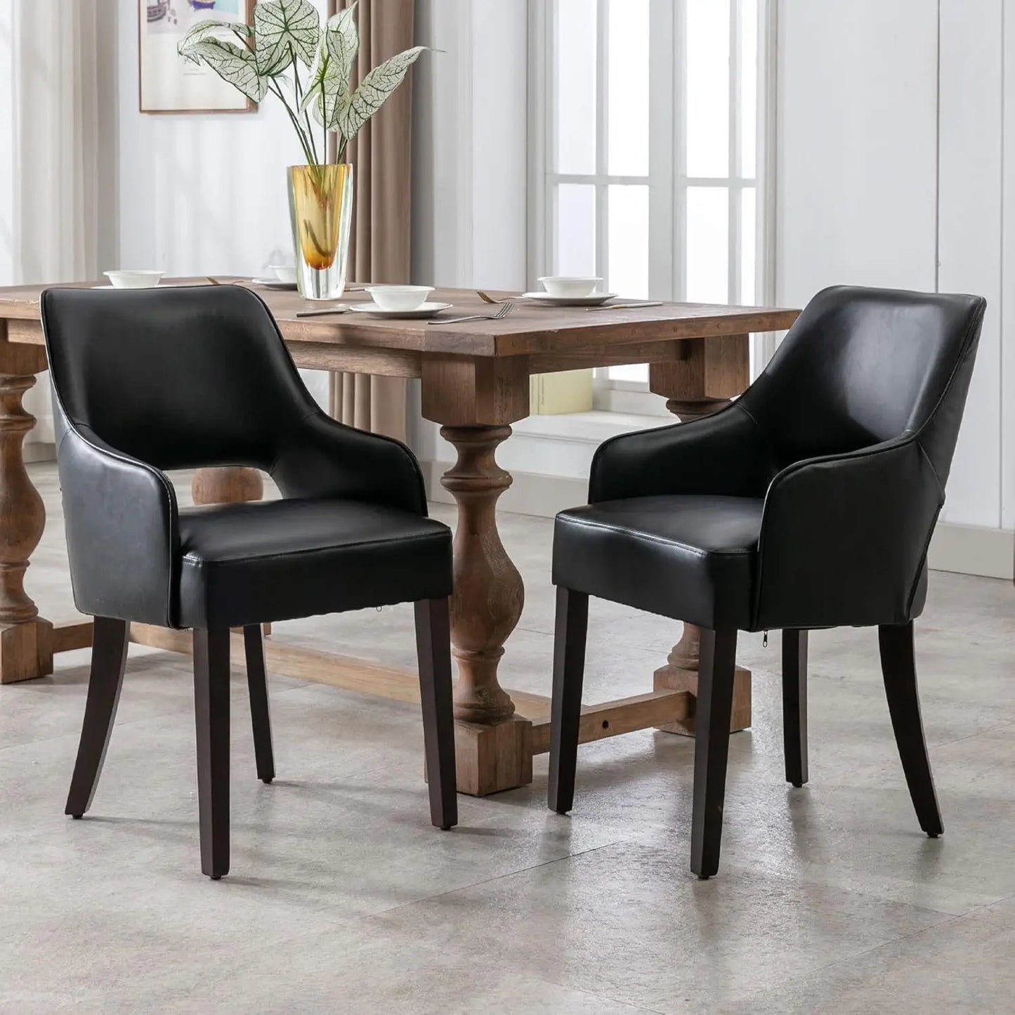 Farmhouse Linen Upholstered Dining Chairs With Arms Solid Wood Set