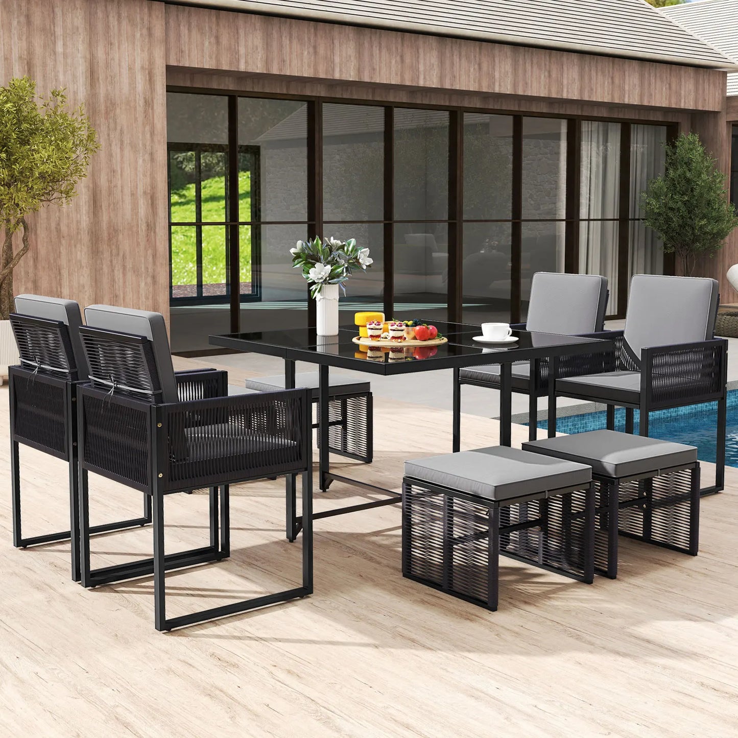 LIFEZEAL 9 Piece Patio Dining Set With Rattan Chairs And Glass Table