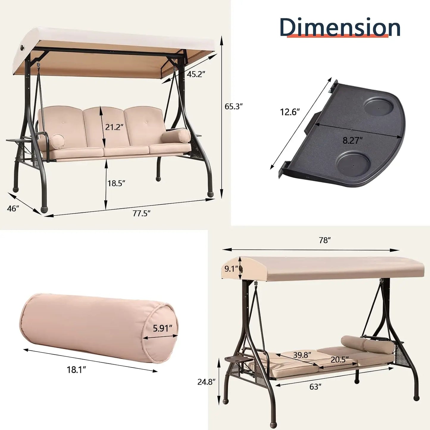 Patio Porch Swing With Adjustable Canopy And Cushion