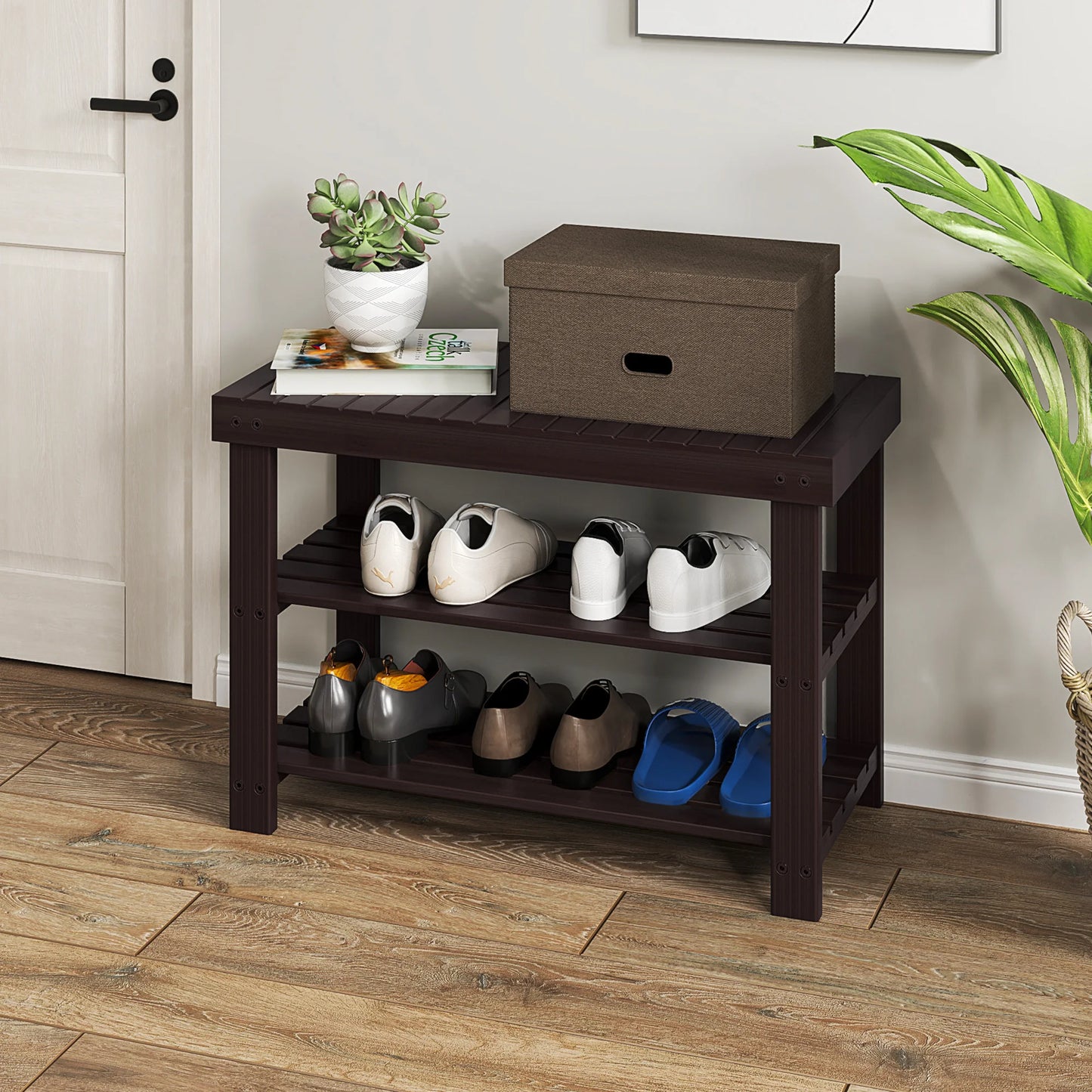 JHK 3 Tier Bamboo Entryway Bench Shoe Rack Organizer