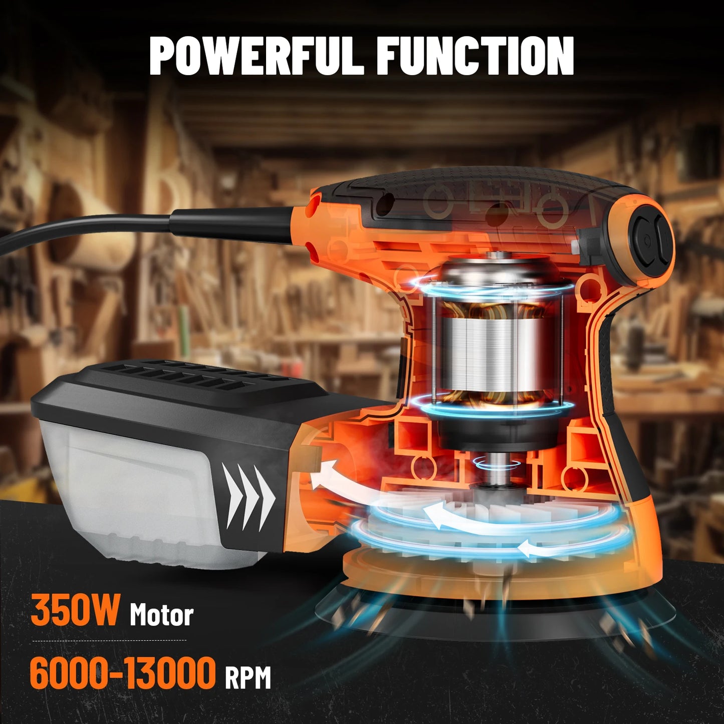 DOVAMAN 3A Orbital Sander, 6-Speed Random Orbit Sander up to 13000RPM, 12 Sandpapers, Dust Collection, Woodworking Tool