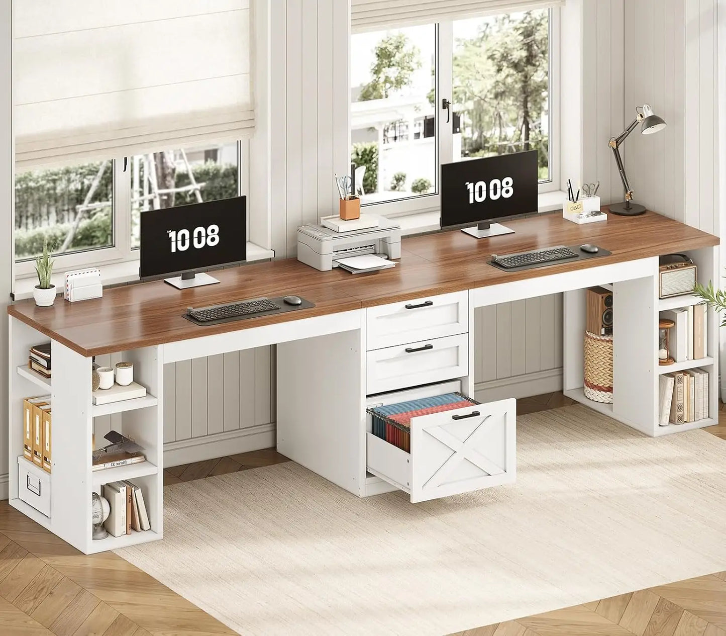 BIANXIANG Farmhouse Style 2 Person Computer Desk With Drawers