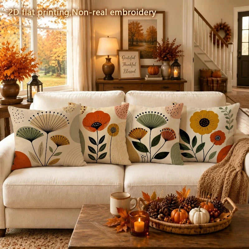 4 Pc Boho Floral Polyester Throw Pillow Cover Set