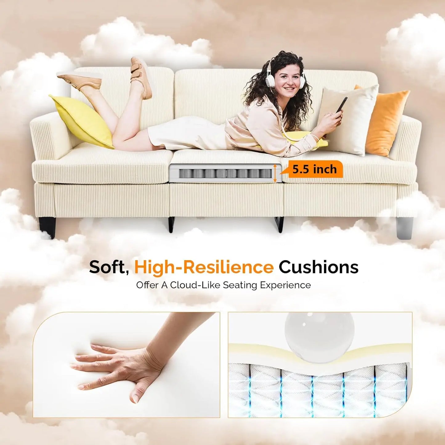 Beige 83" Sofa Couches for Living Room, Corduroy Modern Comfy 3 Seater Couch 25.6" Deep Seat Upholstery Cozy Sofas, Customized