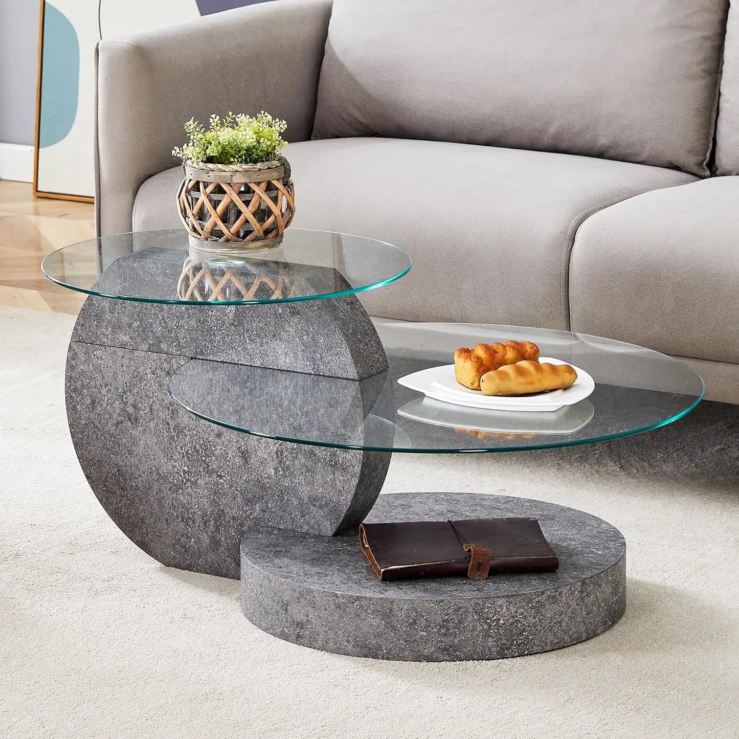 Glass Round Coffee Table Three Tier Tempered Glass Top Wood Base