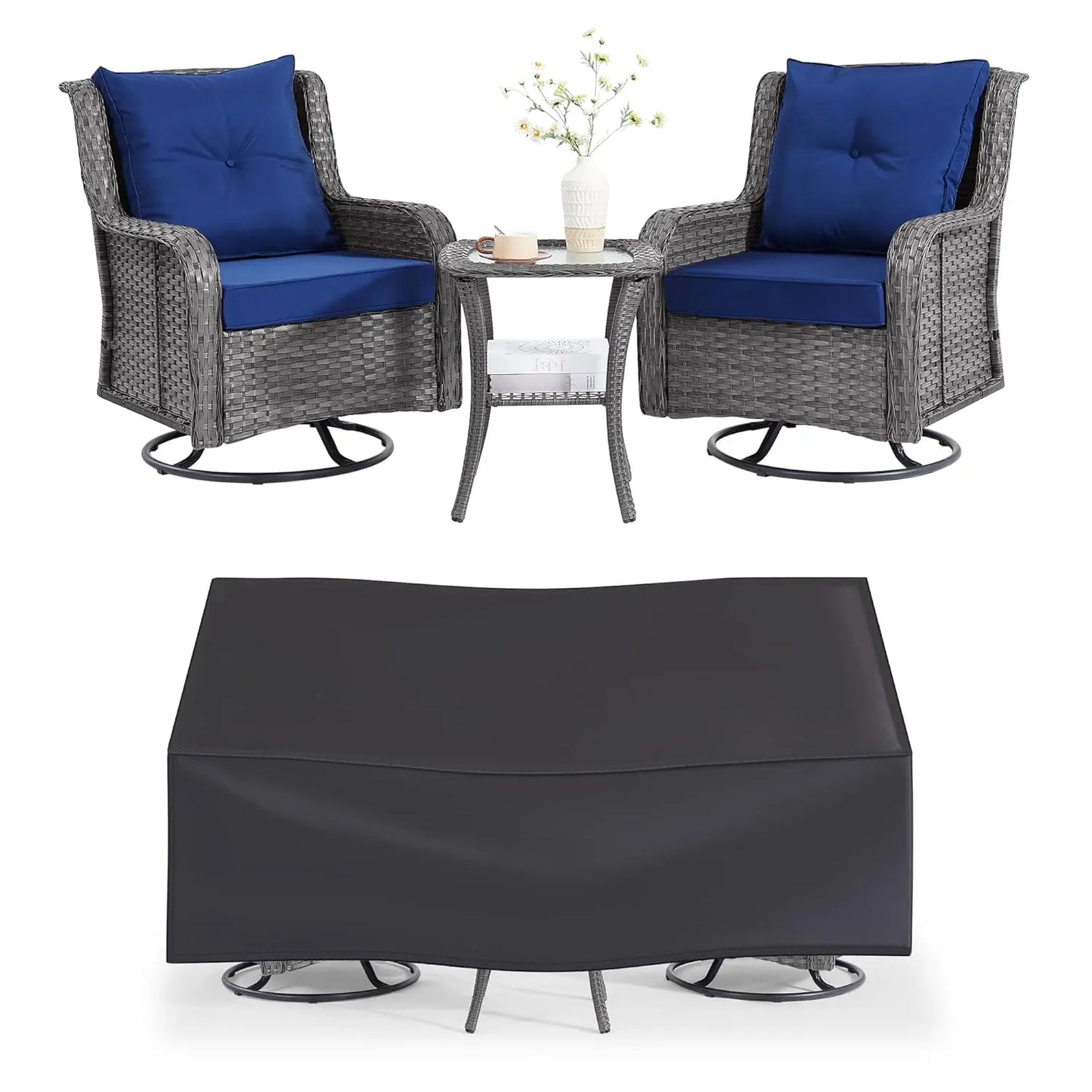 360 Degree Swivel Patio Set Wicker Rocking Chairs Side Table