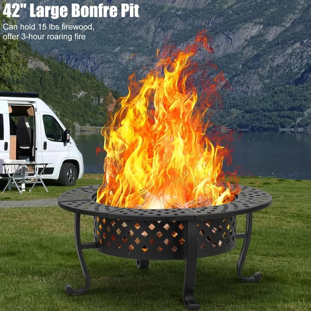 Outdoor Wood Burning Fire Pit with BBQ Grills and Lid
